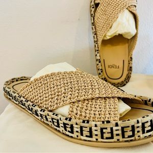 FENDI 7X1421 Sandalo Rafia Logo Slide Sandals Leather Viscose Sz 40 Pre-Owned